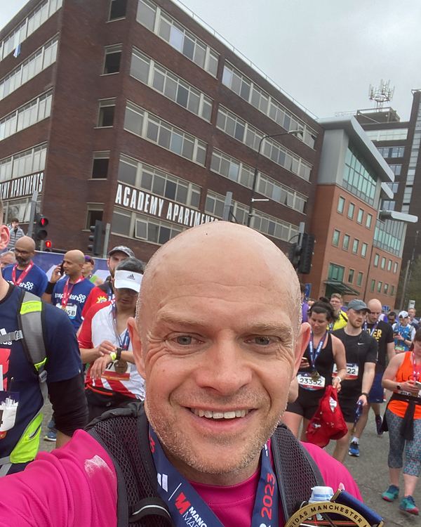 Pete at the Manchester Marathon finish, April 2023